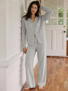 Livesso Women's Zip-Up Front Long Sleeve Knit Cardigan And Knit Pants Loungewear Set - Grey - View 10