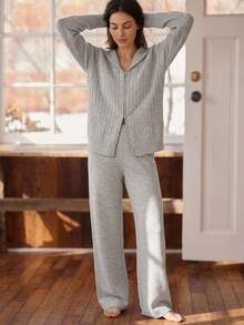Livesso Women's Zip-Up Front Long Sleeve Knit Cardigan And Knit Pants Loungewear Set - Grey - View 6