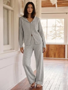 Livesso Women's Zip-Up Front Long Sleeve Knit Cardigan And Knit Pants Loungewear Set - Grey - View 9
