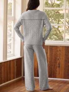 Livesso Women's Zip-Up Front Long Sleeve Knit Cardigan And Knit Pants Loungewear Set - Grey - View 2
