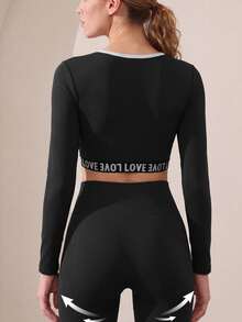 Easithlete Easithlete Letter Tape Patchwork Cropped Long-Sleeved Sports Sporty Modest T-Shirt Gym Black And White Autumn Running Gym Workout Outfits - Charcoal Grey - View 3
