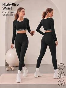 Easithlete Easithlete Letter Tape Patchwork Cropped Long-Sleeved Sports Sporty Modest T-Shirt Gym Black And White Autumn Running Gym Workout Outfits - Charcoal Grey - View 2