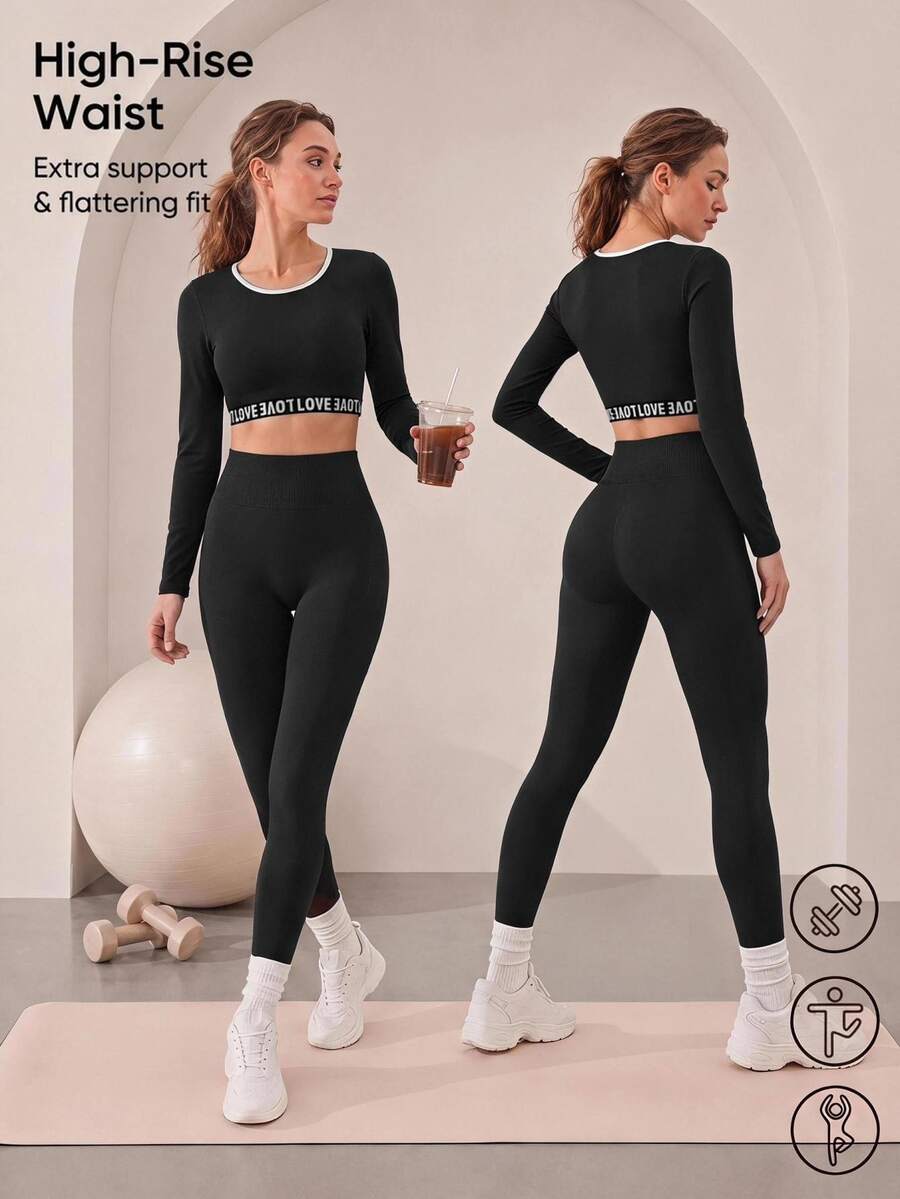 Easithlete Easithlete Letter Tape Patchwork Cropped Long-Sleeved Sports Sporty Modest T-Shirt Gym Black And White Autumn Running Gym Workout Outfits