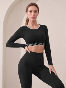 Easithlete Easithlete Letter Tape Patchwork Cropped Long-Sleeved Sports Sporty Modest T-Shirt Gym Black And White Autumn Running Gym Workout Outfits - Charcoal Grey - View 6