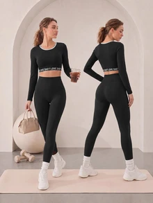 Easithlete Easithlete Letter Tape Patchwork Cropped Long-Sleeved Sports Sporty Modest T-Shirt Gym Black And White Autumn Running Gym Workout Outfits - Charcoal Grey - View 9