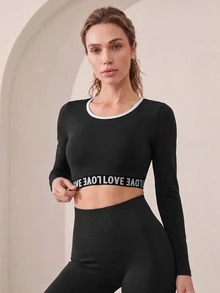 Easithlete Easithlete Letter Tape Patchwork Cropped Long-Sleeved Sports Sporty Modest T-Shirt Gym Black And White Autumn Running Gym Workout Outfits - Charcoal Grey - View 4