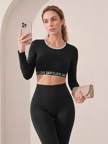 Easithlete Easithlete Letter Tape Patchwork Cropped Long-Sleeved Sports Sporty Modest T-Shirt Gym Black And White Autumn Running Gym Workout Outfits - Charcoal Grey - View 7