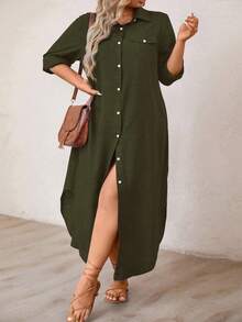 Linhara CURVE Plus Size Casual Front Button Long Shirt Dress Maxi Women Outfit - Dark Green - View 6