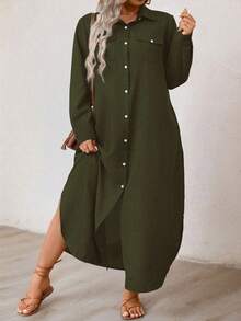 Linhara CURVE Plus Size Casual Front Button Long Shirt Dress Maxi Women Outfit - Dark Green - View 3