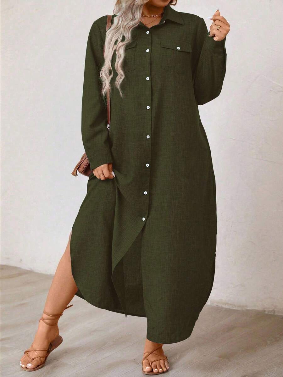 Linhara CURVE Plus Size Casual Front Button Long Shirt Dress Maxi Women Outfit - Dark Green - View 1
