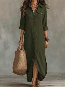 Linhara CURVE Plus Size Casual Front Button Long Shirt Dress Maxi Women Outfit - Dark Green - View 1