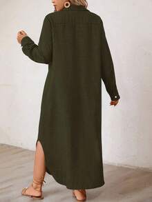 Linhara CURVE Plus Size Casual Front Button Long Shirt Dress Maxi Women Outfit - Dark Green - View 2