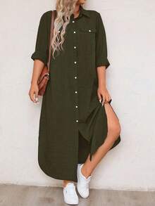 Linhara CURVE Plus Size Casual Front Button Long Shirt Dress Maxi Women Outfit - Dark Green - View 4