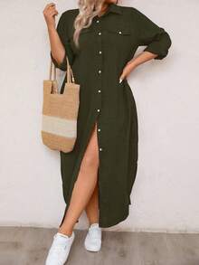 Linhara CURVE Plus Size Casual Front Button Long Shirt Dress Maxi Women Outfit - Dark Green - View 7