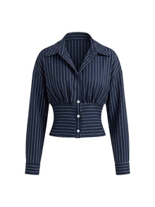 SHEIN x Rafa Kalimann Travachic Women's Navy Blue Pleated Casual Elegant Versatile Daily Wear Shirt Office Brunch Autumn - Navy Blue - View 1