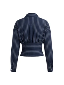 SHEIN x Rafa Kalimann Travachic Women's Navy Blue Pleated Casual Elegant Versatile Daily Wear Shirt Office Brunch Autumn - Navy Blue - View 2