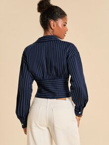 SHEIN x Rafa Kalimann Travachic Women's Navy Blue Pleated Casual Elegant Versatile Daily Wear Shirt Office Brunch Autumn - Navy Blue - View 4
