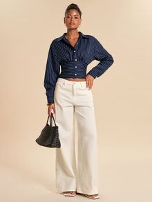 SHEIN x Rafa Kalimann Travachic Women's Navy Blue Pleated Casual Elegant Versatile Daily Wear Shirt Office Brunch Autumn - Navy Blue - View 5