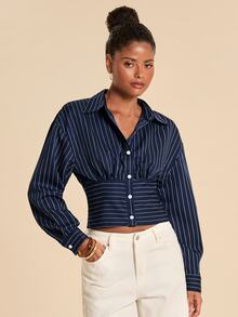 SHEIN x Rafa Kalimann Travachic Women's Navy Blue Pleated Casual Elegant Versatile Daily Wear Shirt Office Brunch Autumn - Navy Blue - View 6