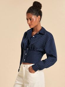 SHEIN x Rafa Kalimann Travachic Women's Navy Blue Pleated Casual Elegant Versatile Daily Wear Shirt Office Brunch Autumn - Navy Blue - View 8