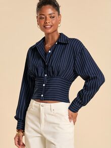SHEIN x Rafa Kalimann Travachic Women's Navy Blue Pleated Casual Elegant Versatile Daily Wear Shirt Office Brunch Autumn - Navy Blue - View 7