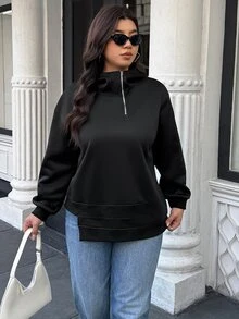 Easura Autumn/Winter Plus Size Women's Black Half-Zip High Neck Hooded Short Sweatshirt Asymmetrical Hem Street Baggy Elegant Top Fall Vacation - Black - View 5