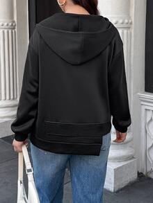 Easura Autumn/Winter Plus Size Women's Black Half-Zip High Neck Hooded Short Sweatshirt Asymmetrical Hem Street Baggy Elegant Top Fall Vacation - Black - View 4