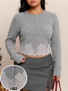 CovetEZ Autumn/Winter Lace Patchwork Contrast Color Round Neck Casual Plus Size Cardigan - Yellow - View 3