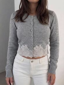CovetEZ Autumn/Winter Lace Patchwork Contrast Color Round Neck Casual Plus Size Cardigan - Yellow - View 1