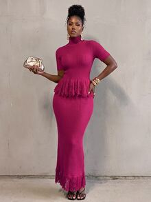 BamGlimmer Elegant Solid Color High Neck Tassel Hem Short Sleeve Sweater & Knitted Skirt 2pcs Set - Purple - View 2