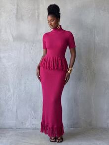BamGlimmer Elegant Solid Color High Neck Tassel Hem Short Sleeve Sweater & Knitted Skirt 2pcs Set - Purple - View 7