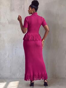 BamGlimmer Elegant Solid Color High Neck Tassel Hem Short Sleeve Sweater & Knitted Skirt 2pcs Set - Purple - View 3