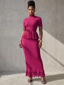 BamGlimmer Elegant Solid Color High Neck Tassel Hem Short Sleeve Sweater & Knitted Skirt 2pcs Set - Purple - View 4