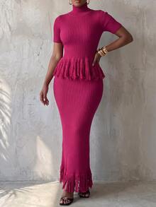 BamGlimmer Elegant Solid Color High Neck Tassel Hem Short Sleeve Sweater & Knitted Skirt 2pcs Set - Purple - View 5
