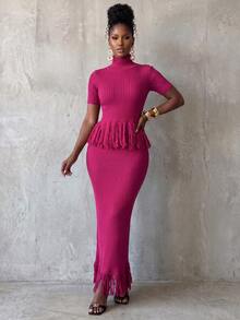 BamGlimmer Elegant Solid Color High Neck Tassel Hem Short Sleeve Sweater & Knitted Skirt 2pcs Set - Purple - View 6