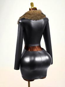 BamGleam Women's Fur Trim Sexy Slim Fit Cropped Jacket Halloween Club Night Out Black Autumn - Multicolor - View 3