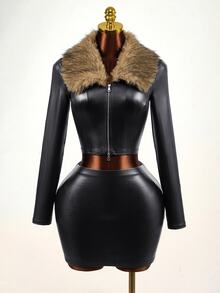 BamGleam Women's Fur Trim Sexy Slim Fit Cropped Jacket Halloween Club Night Out Black Autumn - Multicolor - View 10