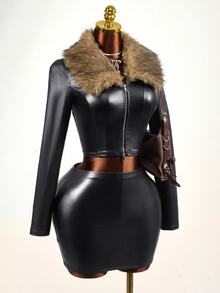 BamGleam Women's Fur Trim Sexy Slim Fit Cropped Jacket Halloween Club Night Out Black Autumn - Multicolor - View 4