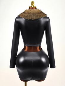 BamGleam Women's Fur Trim Sexy Slim Fit Cropped Jacket Halloween Club Night Out Black Autumn - Multicolor - View 8
