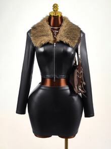 BamGleam Women's Fur Trim Sexy Slim Fit Cropped Jacket Halloween Club Night Out Black Autumn - Multicolor - View 5