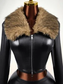 BamGleam Women's Fur Trim Sexy Slim Fit Cropped Jacket Halloween Club Night Out Black Autumn - Multicolor - View 7