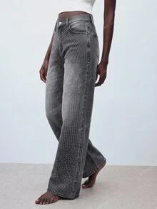 Maija 女款高腰寬鬆直筒水鑽裝飾黑色牛仔褲－時尚派對亮片牛仔褲 - 黑色 - 查看 5