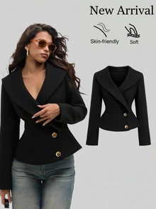 Sweetra Women's Elegant Fashion Versatile Commute High-End Lapel Design With Metal Buckle Black Overcoat Office Dinner Fall - Black - View 3