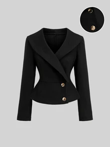 Sweetra Women's Elegant Fashion Versatile Commute High-End Lapel Design With Metal Buckle Black Overcoat Office Dinner Fall - Black - View 1