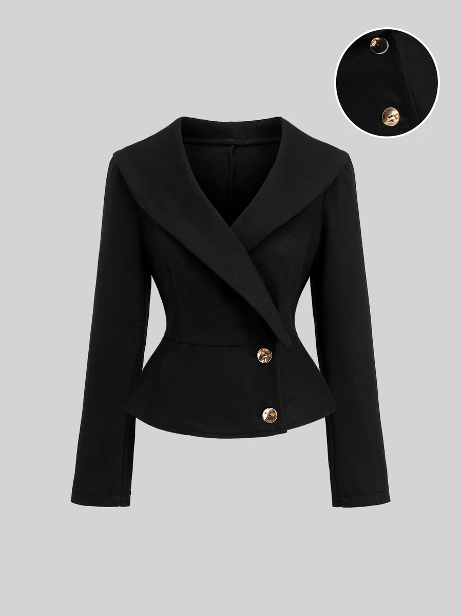 Sweetra Women's Elegant Fashion Versatile Commute High-End Lapel Design With Metal Buckle Black Overcoat Office Dinner Fall - Black - View 1