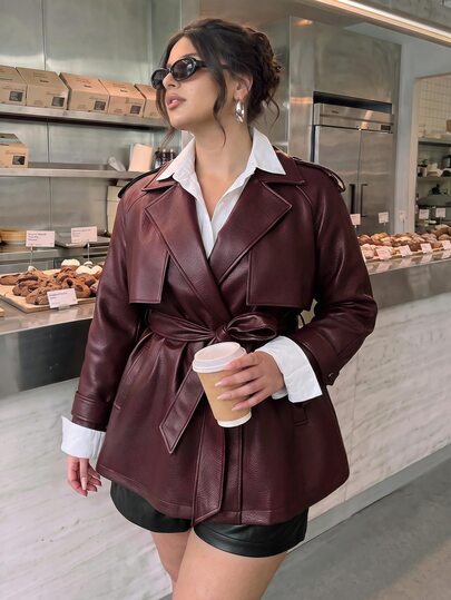 SHEIN BAE CURVE Plus Size Burgundy PU Belt Jacket,Fashionable Women's Burgundy Faux Leather Wrap Jacket With Wide Sleeves And Adjustable Belt Halloween Winter