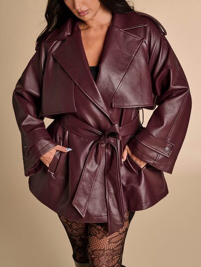 SHEIN BAE CURVE Plus Size Burgundy PU Belt Jacket,Fashionable Women's Burgundy Faux Leather Wrap Jacket With Wide Sleeves And Adjustable Belt Halloween Winter