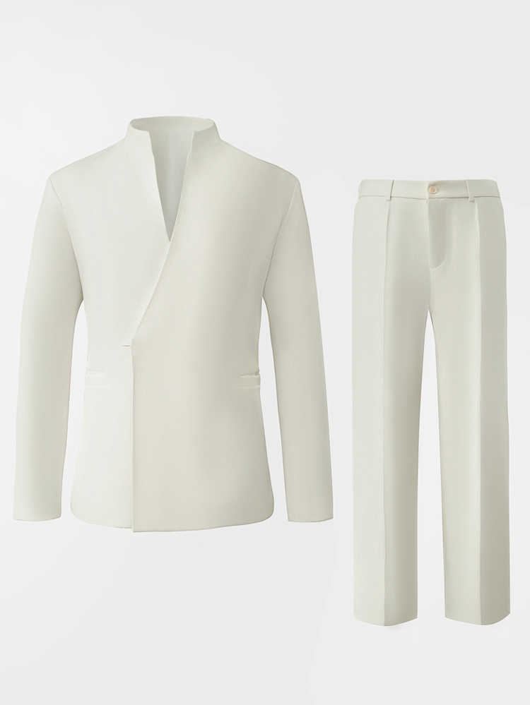 Manfinity Mode Setelan Jas Pria Warna Beige dengan Kerah Tegak dan Model Drape Asimetris - Krem - View 3