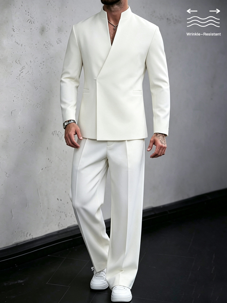 Manfinity Mode Setelan Jas Pria Warna Beige dengan Kerah Tegak dan Model Drape Asimetris - Krem - View 5