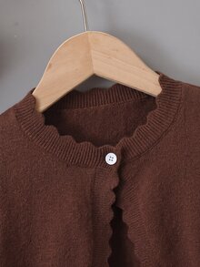 SHEIN Elladie kids 女童純色長袖休閒單扣針織開襟衫 秋冬款 - 棕色 - 查看 6